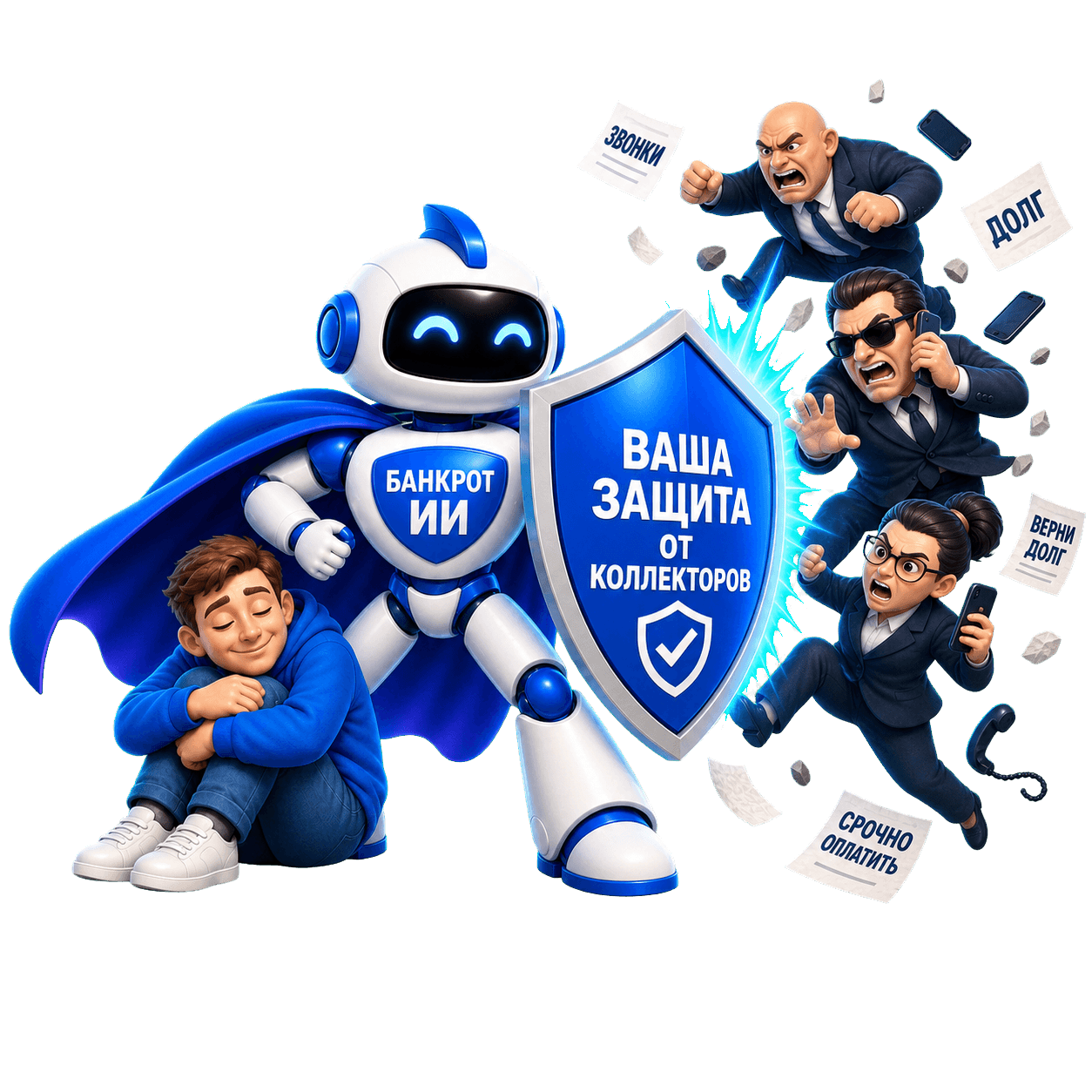 Маскот BankrotAI со щитом защищает человека от давления коллекторов